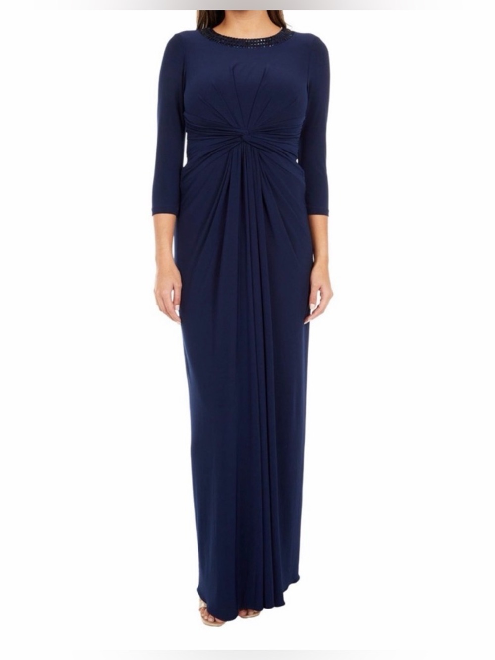 Adrianna Papell Navy Beaded Embellished Neck Gown Twist Waist Keyhole Back 14 - Picture 7 of 16